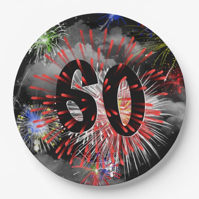 60th Birthday Fireworks In Clouds Paper Plate (Front)