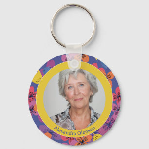60th birthday floral blue colourful elegant photo keychain