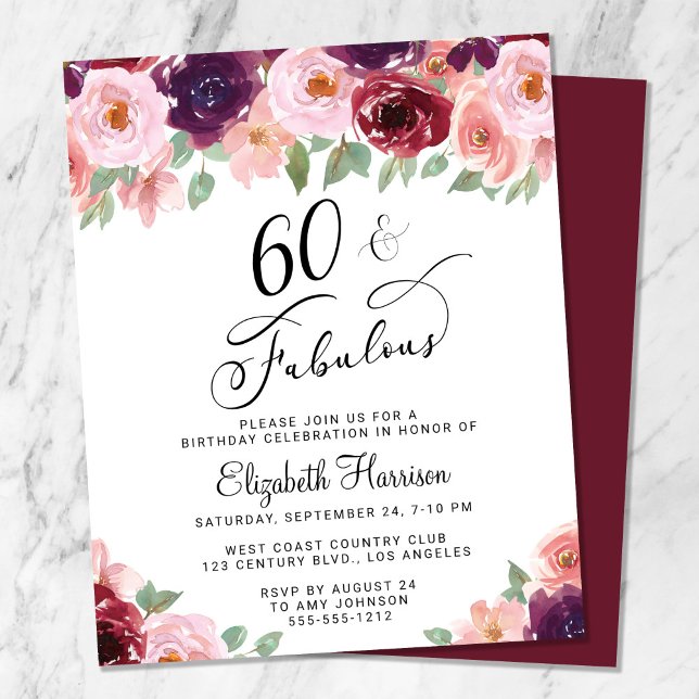 60th Birthday Floral Burgundy Pink Invitation (Creator Uploaded)
