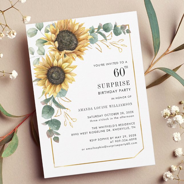 60th Birthday Floral Eucalyptus Sunflower Modern Invitation (60th Birthday Party Invitation Floral Sunflower Eucalyptus Card)