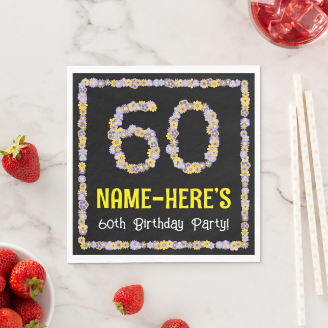 60th Birthday: Floral Flowers Number, Custom Name Napkin (Insitu)