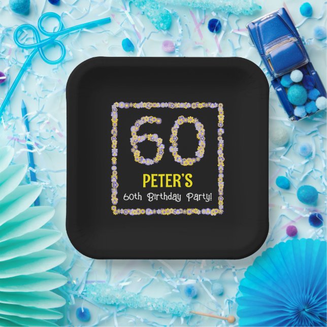 60th Birthday: Floral Flowers Number, Custom Name Paper Plate (Party)