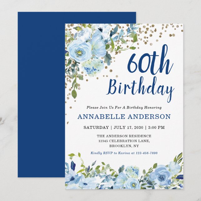 60th Birthday Floral Navy Blue Gold Glitter Dots Invitation (Front/Back)