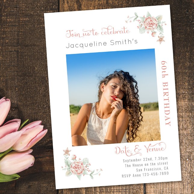 60th Birthday Floral Photo Invitation (Creator Uploaded)