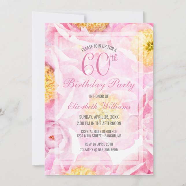 60th Birthday Floral Pink Peony Watercolor Party Invitation (Front)