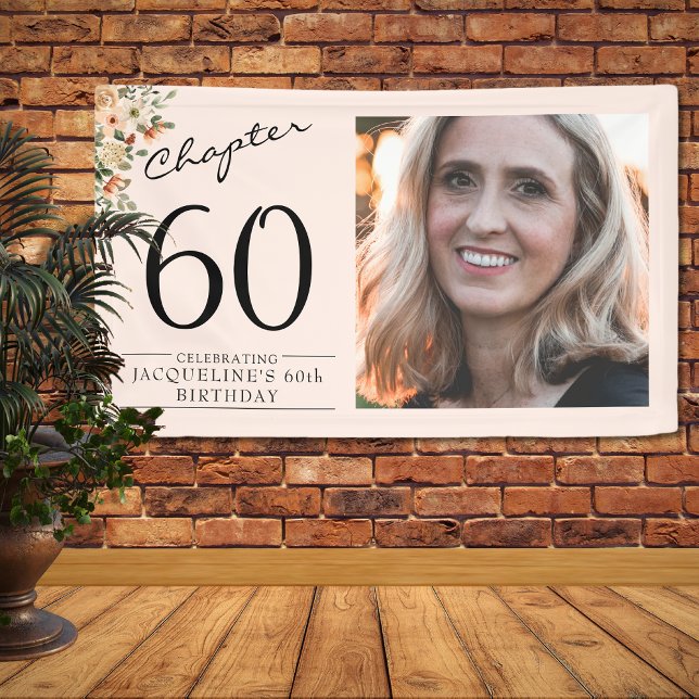 60th Birthday Floral Pink Photo Banner (Create your own unique 60th birthday banner. Add your favorite photo and custom text.)