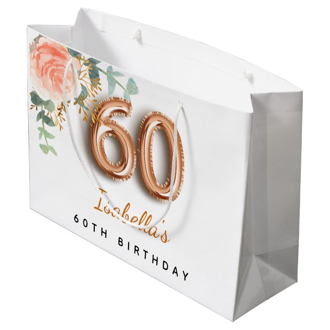 60th birthday floral rose gold eucalyptus birthday large gift bag (Back Angled)
