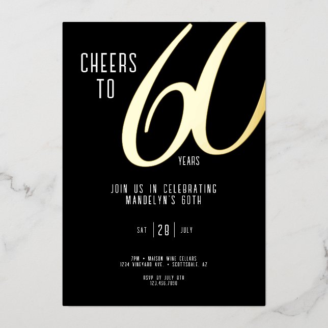 60th Birthday Foil Invitation on Black (Front)