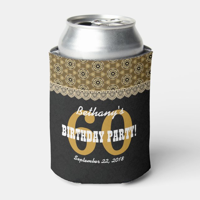 60th Birthday For Her A18 Black and Gold Can Cooler (Can Front)