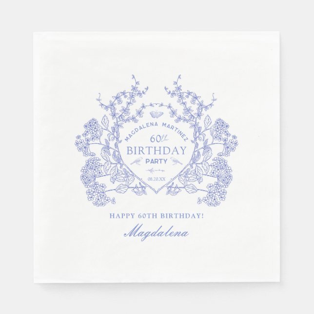 60th Birthday French Blue Floral Crest Custom Napkin (Front)