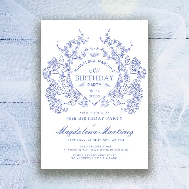 60th Birthday French Vintage Blue Floral Crest Invitation (Creator Uploaded)