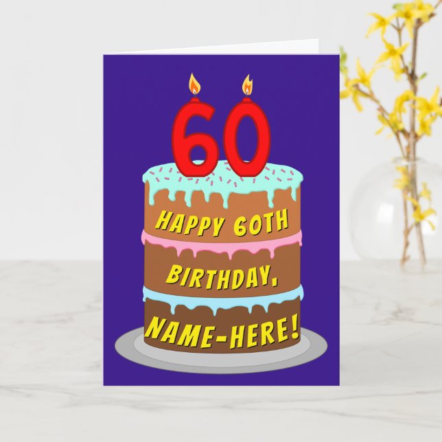 60th Birthday: Fun Cake and Candles + Custom Name Card (Yellow Flower)