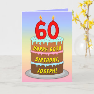 60th Birthday — Fun Cake & Candles, w/ Custom Name Card