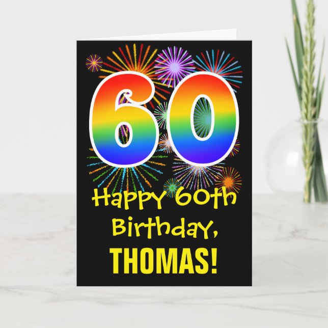 60th Birthday: Fun Fireworks Pattern + Rainbow 60 Card (Front)