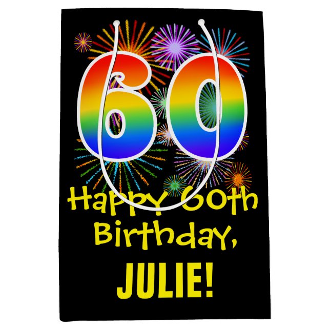 60th Birthday: Fun Fireworks Pattern + Rainbow 60 Medium Gift Bag (Front)
