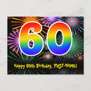 60th Birthday – Fun Fireworks Pattern + Rainbow 60 Postcard