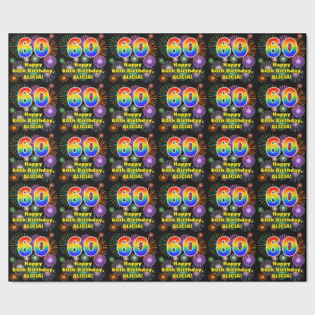 60th Birthday: Fun Fireworks, Rainbow Look # “60” Wrapping Paper (Seam)