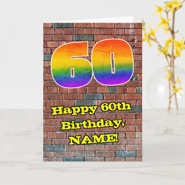 60th Birthday: Fun Graffiti-Inspired Rainbow 60 Card (Yellow Flower)