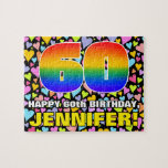 60th Birthday — Fun, Loving Heart Shapes   “60” Jigsaw Puzzle<br><div class="desc">This fun and colorful birthday themed jigsaw puzzle design features a large number “60” having a multicolored rainbow spectrum inspired gradient pattern. It also features the message “HAPPY 60th BIRTHDAY, ”, and a customizable recipient name. The background has a joyful pattern of loving hearts of various colors and sizes. An...</div>