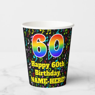 60th Birthday: Fun Music Notes Pattern, Rainbow 60 Paper Cups