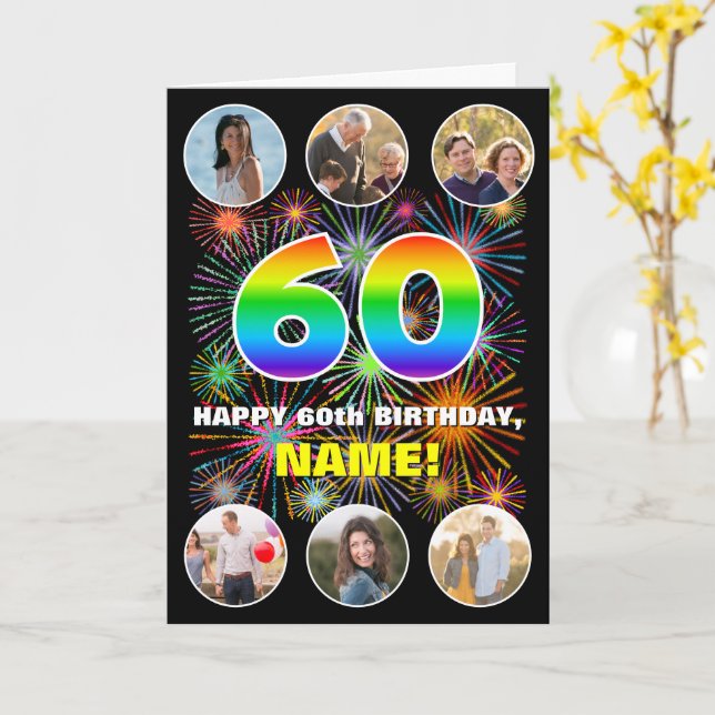 60th Birthday: Fun Rainbow #, Custom Name & Photos Card (Yellow Flower)