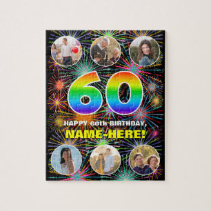 60th Birthday: Fun Rainbow #, Custom Name + Photos Jigsaw Puzzle