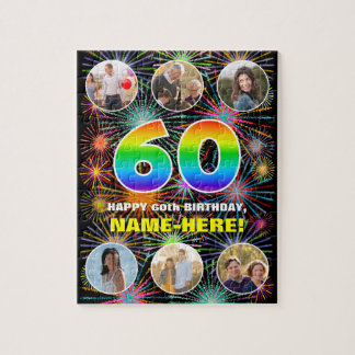 60th Birthday: Fun Rainbow #, Custom Name + Photos Jigsaw Puzzle