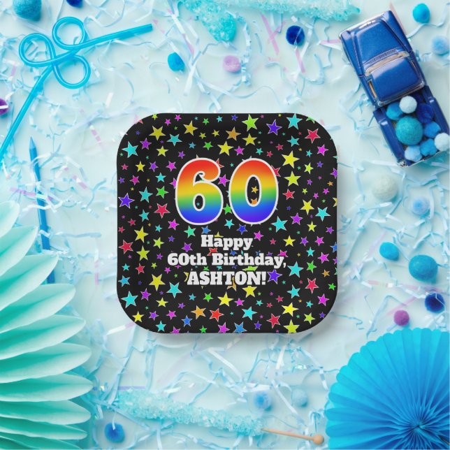 60th Birthday: Fun Stars Pattern and Rainbow “60” Paper Plate (Party)