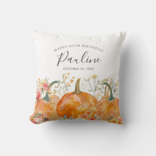 60th Birthday Gift Fall Pumpkin Wildflower Custom Throw Pillow