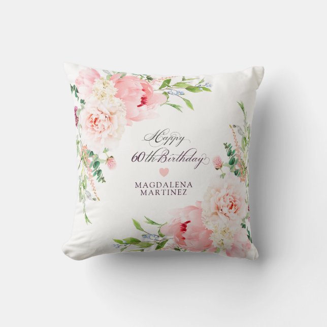 60th Birthday Gift Pink Floral Personalized Throw Pillow (Front)