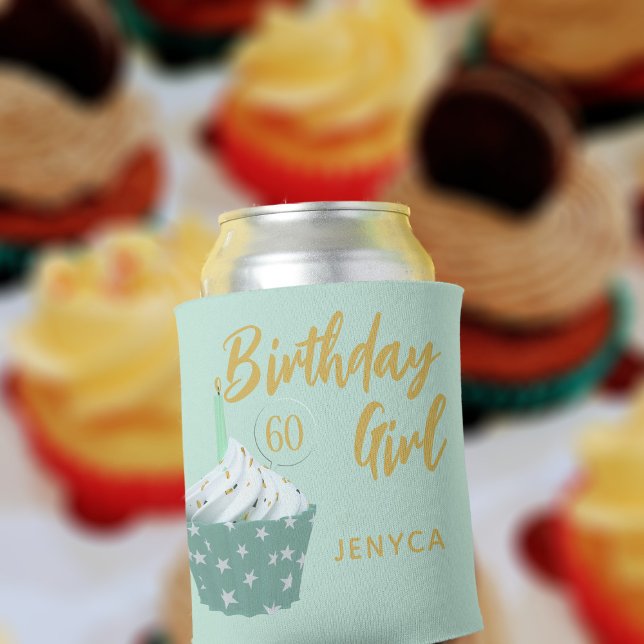 60th Birthday Girl Cute Cupcake Green Can Cooler (Add your name and age to this cute mint green cupcake themed can cooler)
