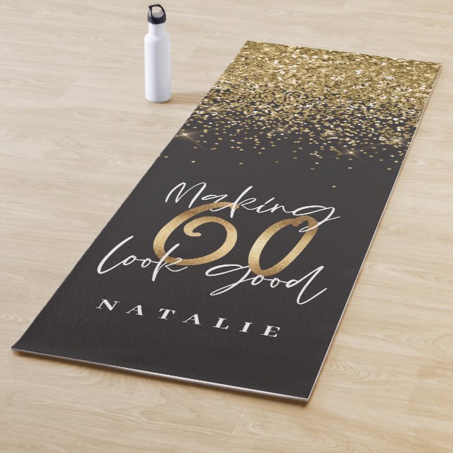 60th birthday gold and black modern glitter yoga mat (In Situ)
