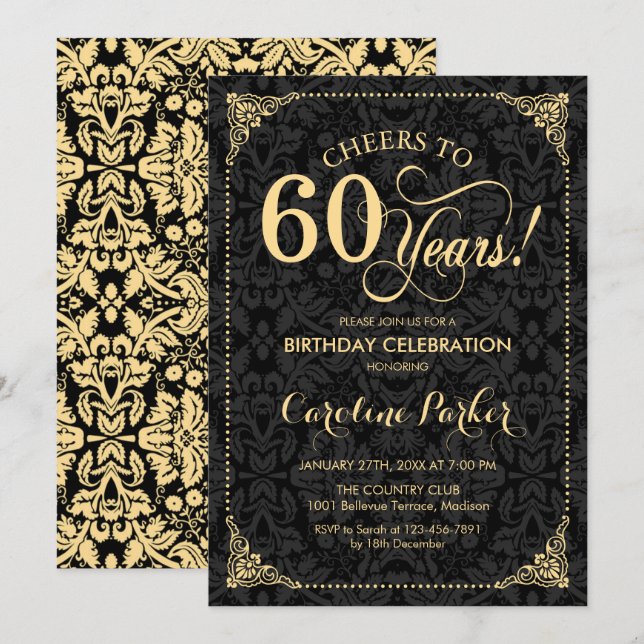 60th Birthday - Gold Black Damask Invitation (Front/Back)