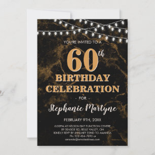 60th Birthday Gold Black Marble String Lights Invitation