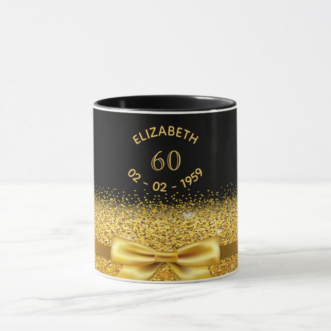 60th birthday gold bow black name sparkle age mug (Center)