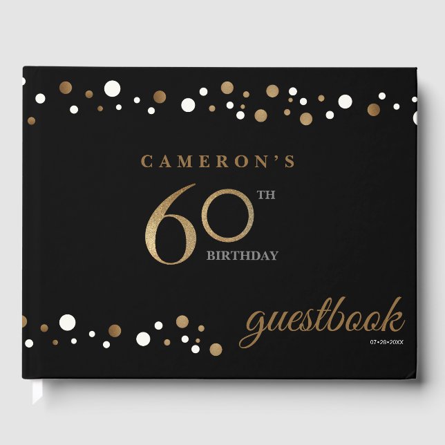 60th birthday gold confetti and black personalized guest book (Front)