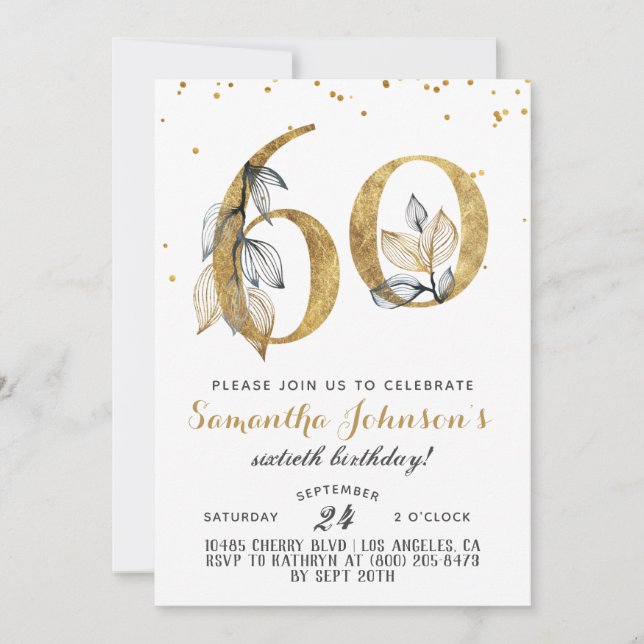 60th Birthday Gold Floral Invitation (Front)
