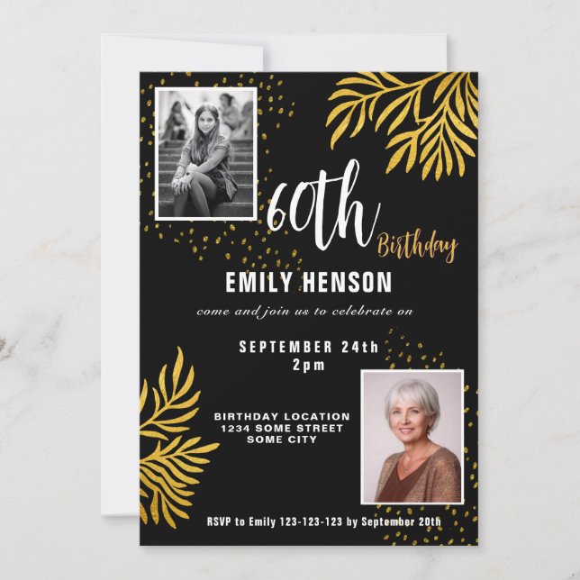 60th Birthday Gold Foliage 2 Photo Party Invitation (Front)