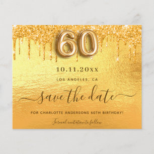 60th birthday gold glitter save the date card