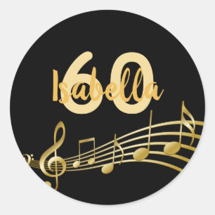 60th birthday gold music notes on elegant black classic round sticker