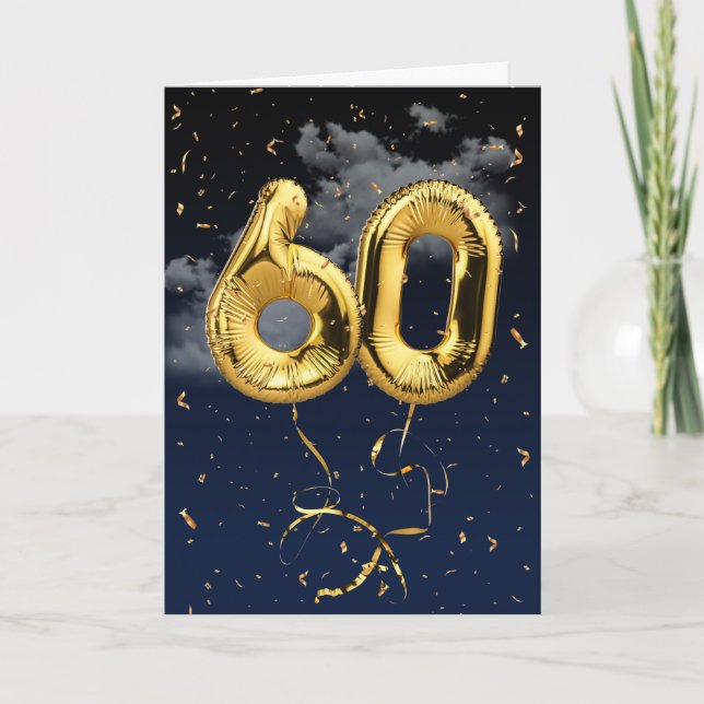 60th Birthday Gold Mylar Balloon and Confetti Card (Front)