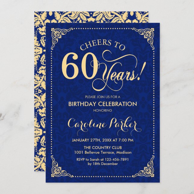 60th Birthday - Gold Navy Damask Invitation (Front/Back)