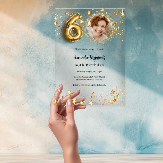 60th birthday gold photo stars clear acrylic invitations (Creator Uploaded)