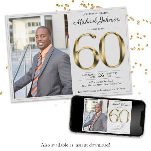60th Birthday Gold Text Classy Grey Custom Photo Invitation