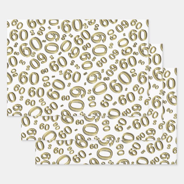 60th Birthday Gold/White Random Number Pattern 60 Wrapping Paper Sheet (Set)
