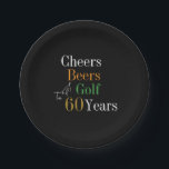 60th Birthday Golf Cheers Beers Black Gold Party Paper Plate<br><div class="desc">This is a cool and modern, 60th birthday, golf party design. It is a simple, minimal design, in classic black and gold typography with pops of orange and green. Perfect for a cool and fun, golf and beer themed, 60th birthday party. This design is fully customizable, simply use the personalize...</div>