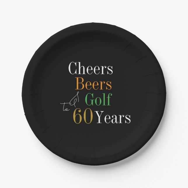 60th Birthday Golf Cheers Beers Black Gold Party Paper Plate (Front)