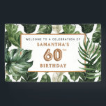 60th Birthday Green & Copper Tropical Welcome Banner<br><div class="desc">Modern 60th birthday party banner,  featuring green watercolor tropical foliage with a copper frame and copper foil "60" balloons with a welcome message and the person's name. Perfect for a tropical,  beach or garden birthday party. Matching items and other ages available.</div>