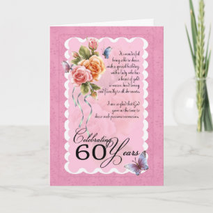 60th birthday greeting card - roses and butterflie