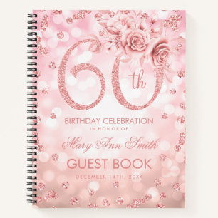 60th Birthday Guestbook Rose Gold Glam Lights  Notebook